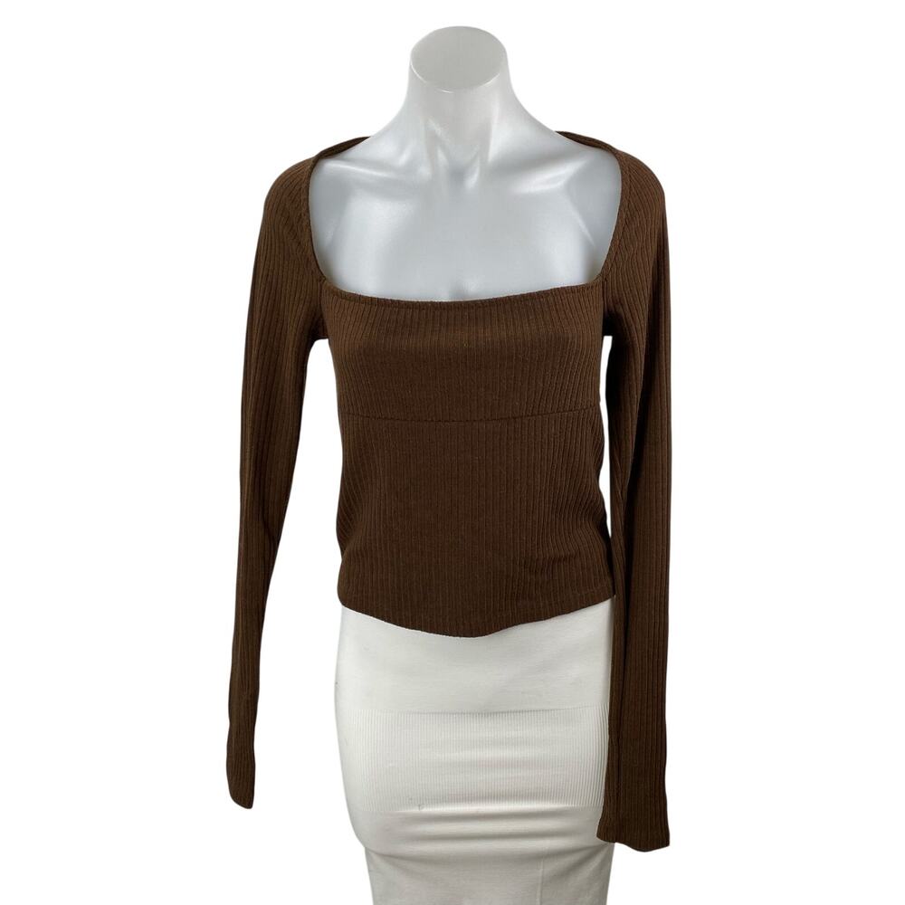 Urban Outfitters Brown Long Sleeve Square Neck Ribbed Knit Sweater Top Size L